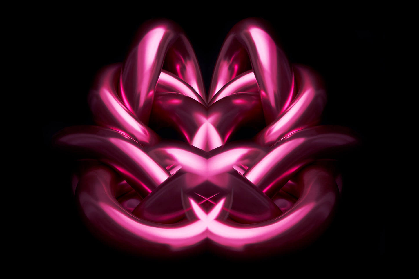 Neon pink flower-like structure on a black background Metallic chrome Rorschach effect