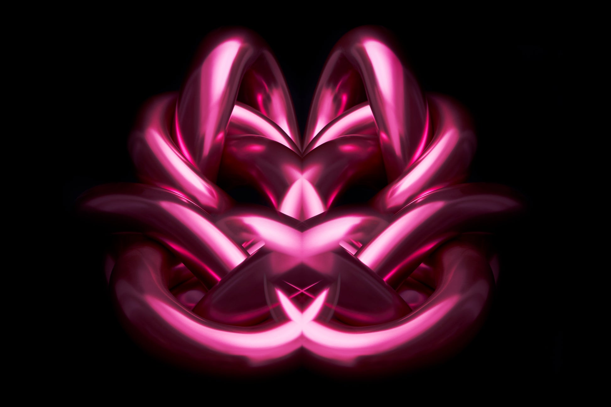 Neon pink flower-like structure on a black background Metallic chrome Rorschach effect