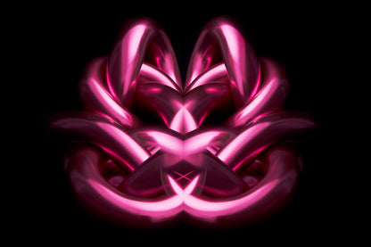 Neon pink flower-like structure on a black background Metallic chrome Rorschach effect