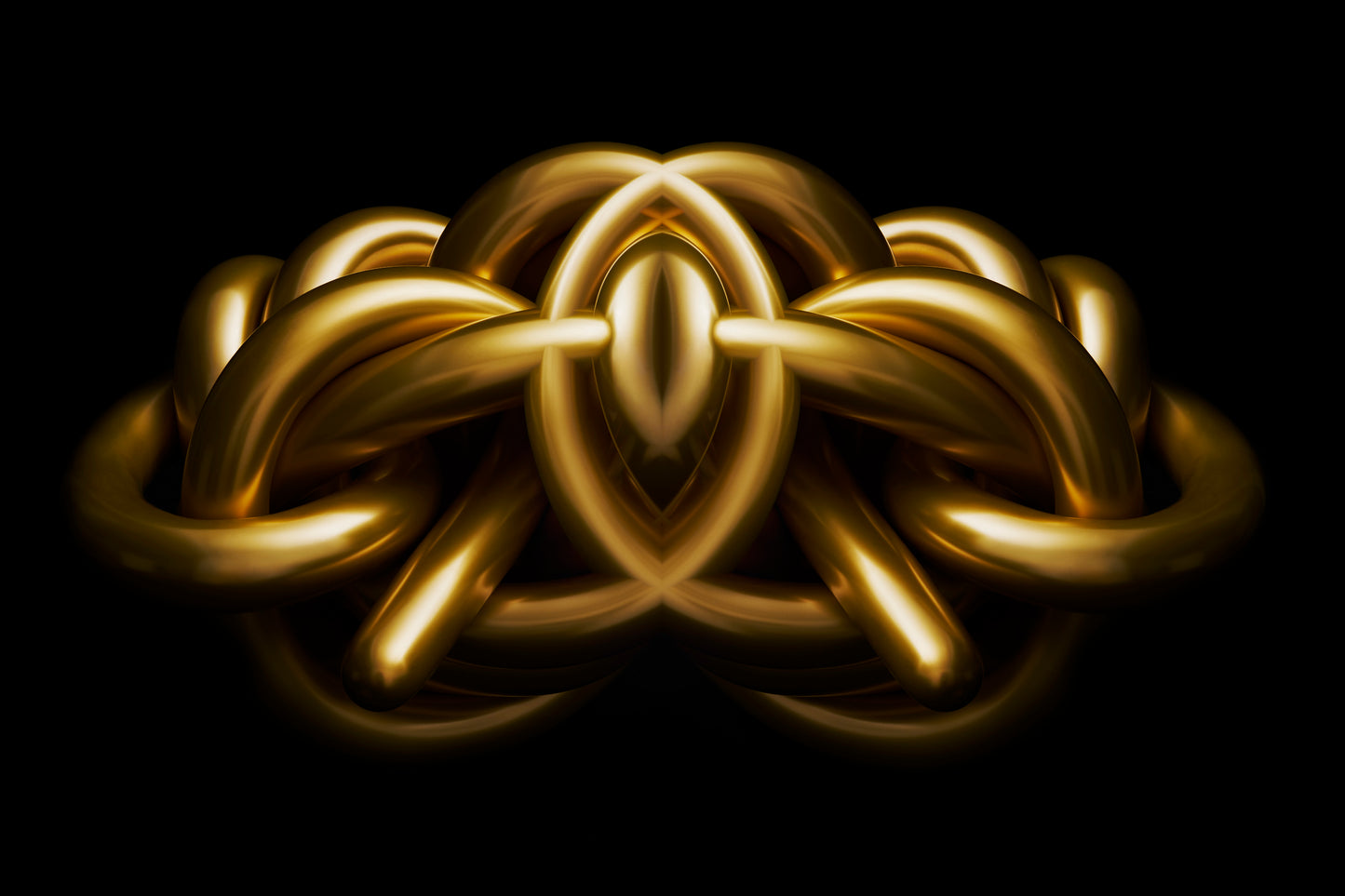 Gold Metallic chrome sculpture Rorschach effect on a black background