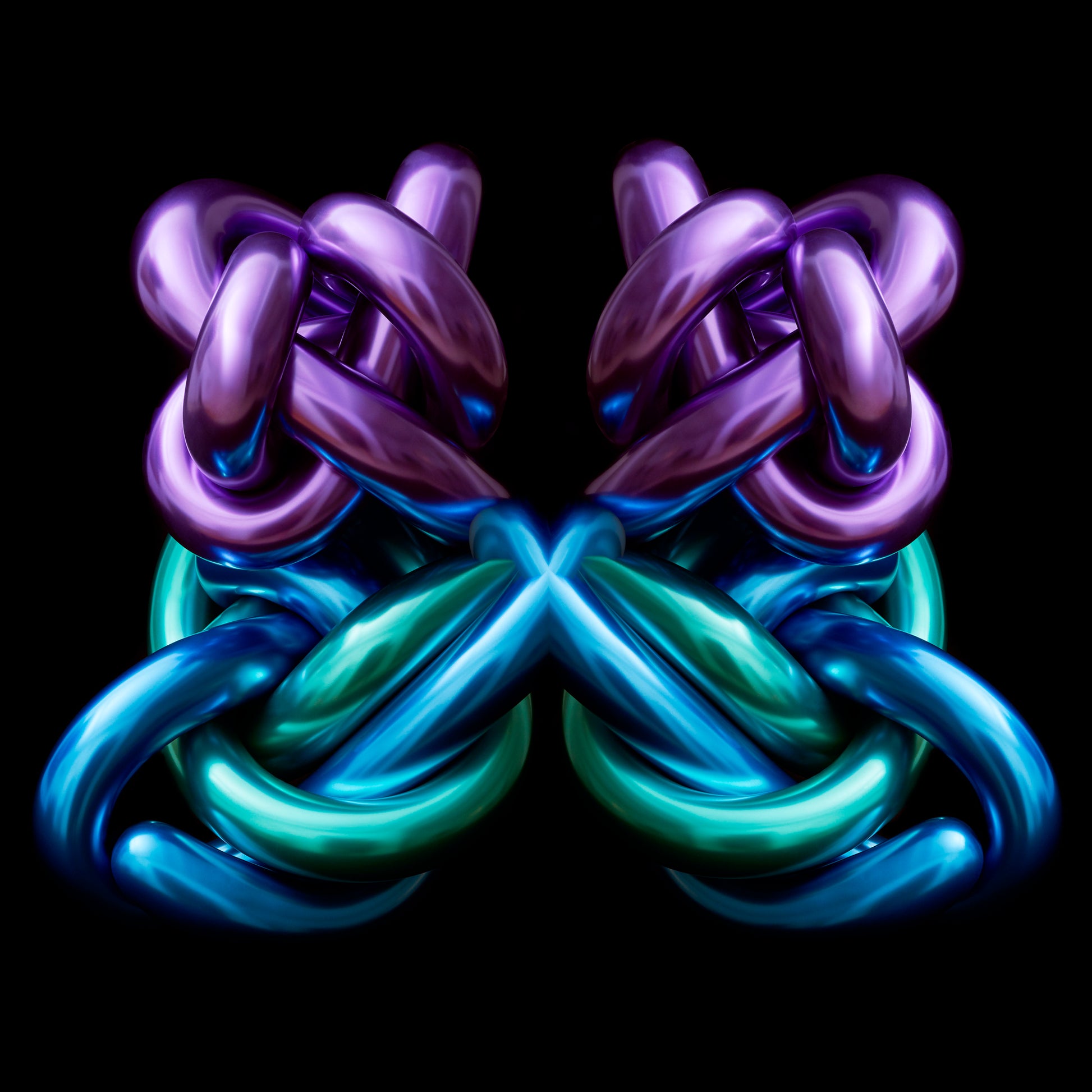 Colorful woven metal object with interlocking loops on a black background Rorschach effect