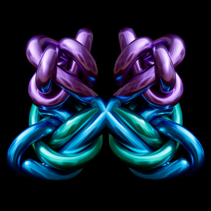 Colorful woven metal object with interlocking loops on a black background Rorschach effect