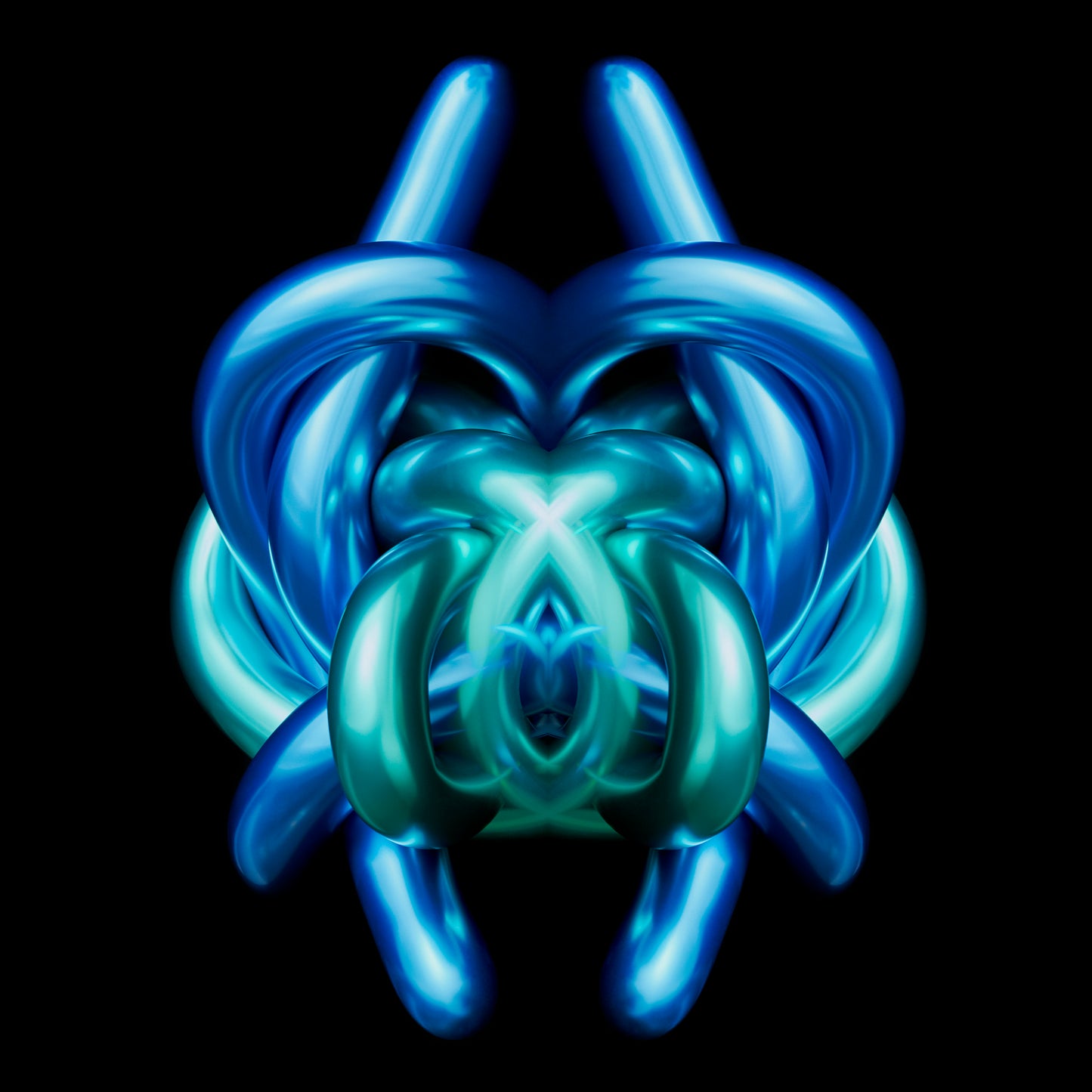Blue and green abstract sculpture on a black background metallic chrome object Rorschach effect