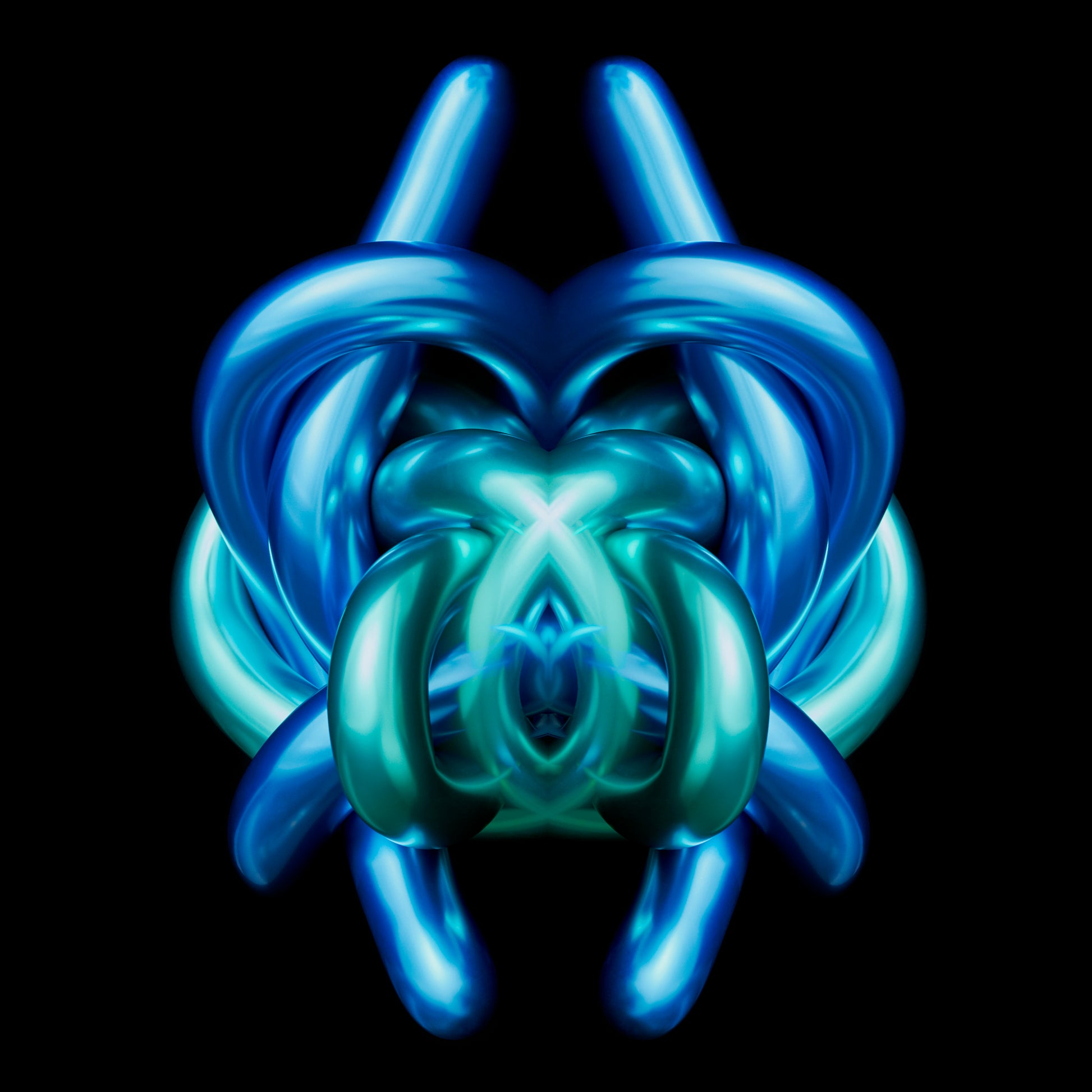 Blue and green abstract sculpture on a black background metallic chrome object Rorschach effect