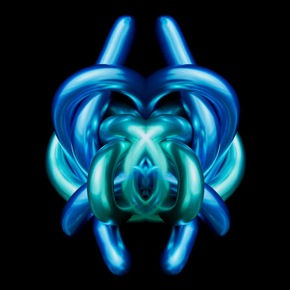 Blue and green abstract sculpture on a black background metallic chrome object Rorschach effect