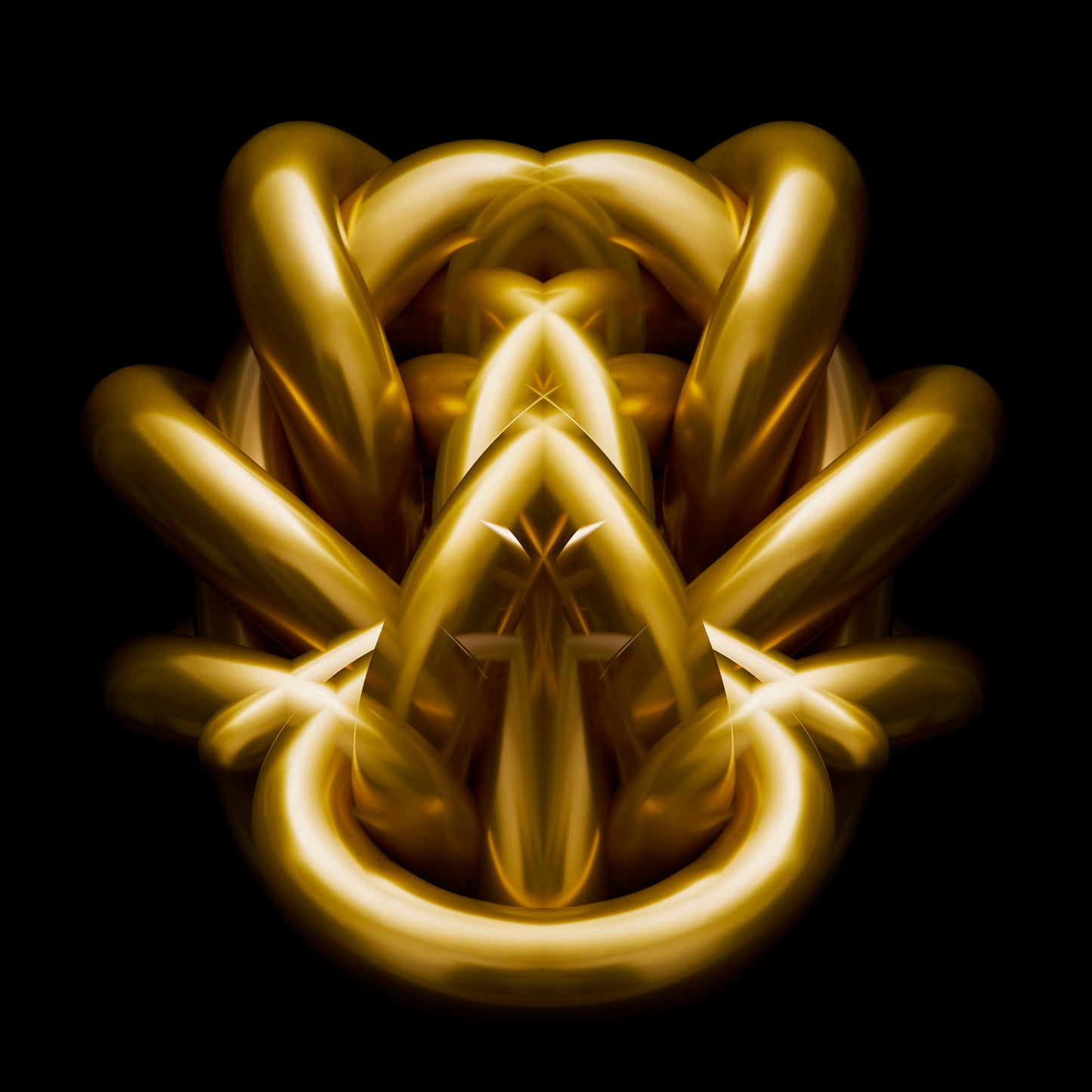 Gold abstract design on a black background metallic chrome object Rorschach effect