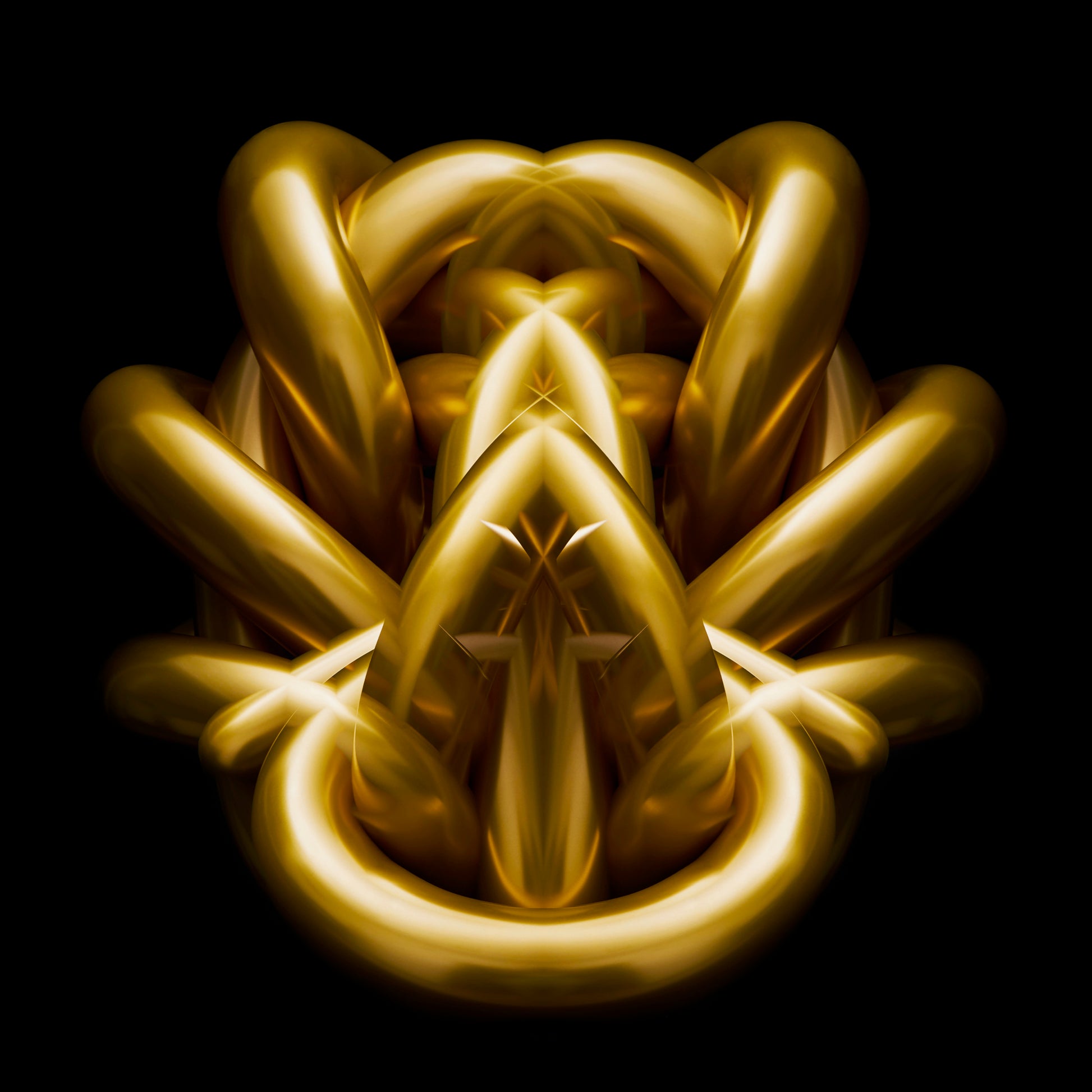 Gold abstract design on a black background metallic chrome object Rorschach effect