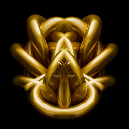 Gold abstract design on a black background metallic chrome object Rorschach effect