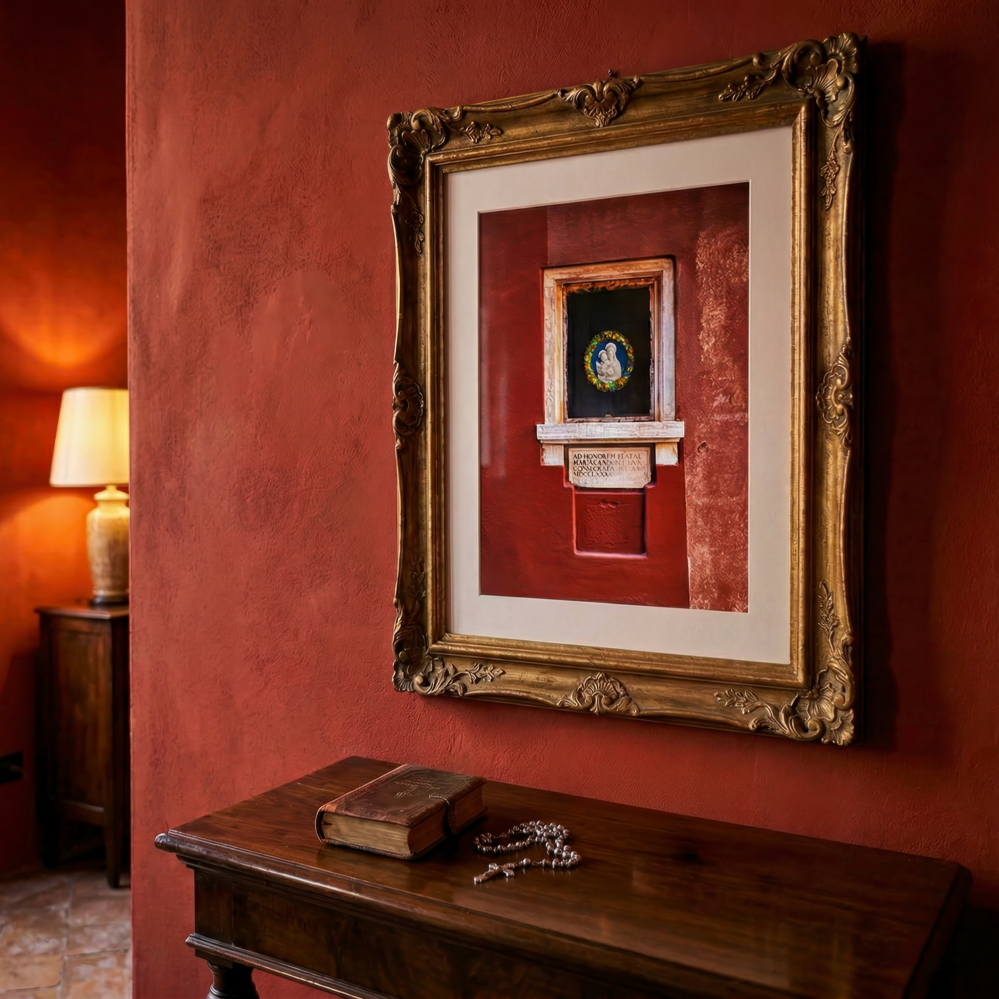 Framed photograph of a religious wall shrine on a red wall with a wooden side table below.
