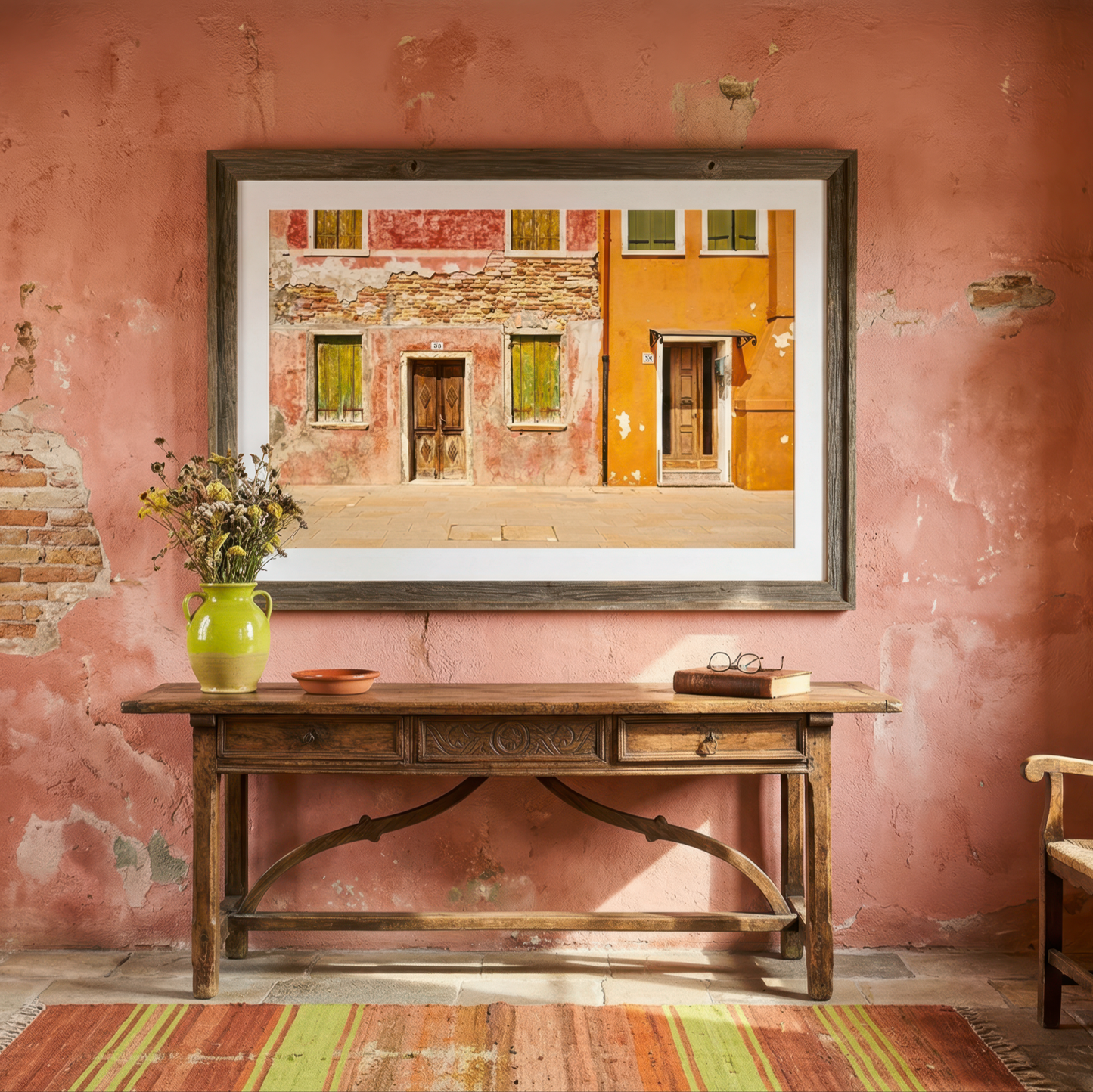 A beautiful photograph of a Venice doorway above a wooden table on  contemporary distressed wall