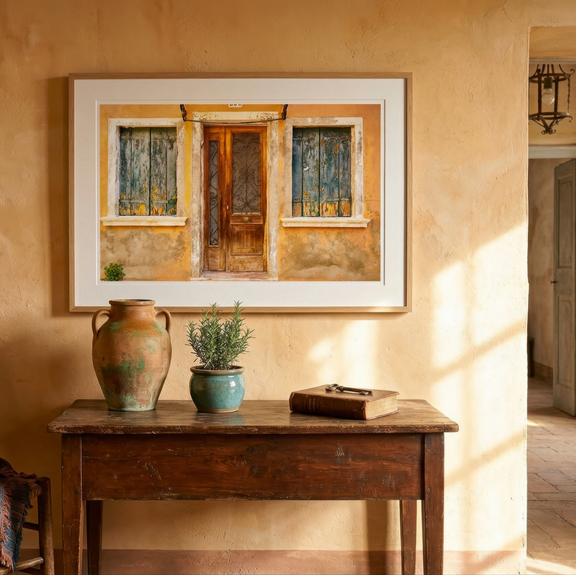 Photograph of Venice doorway above an old table, vase in a beautiful european house