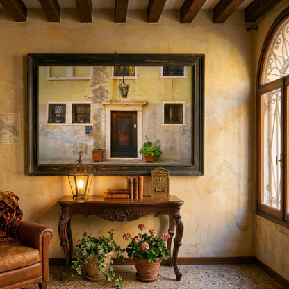 A photograph of a Venie dooray hangs on a wall above a table some flowers in a period home