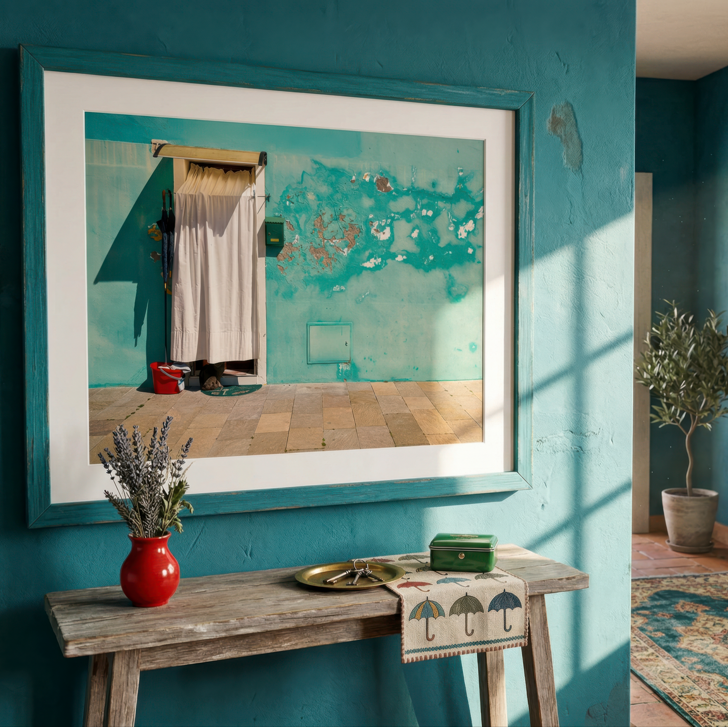 Room interior with a framed photograph of a Venice doorway on a teal wall, wooden table with decorative items, and another wall with additional framed pictures.