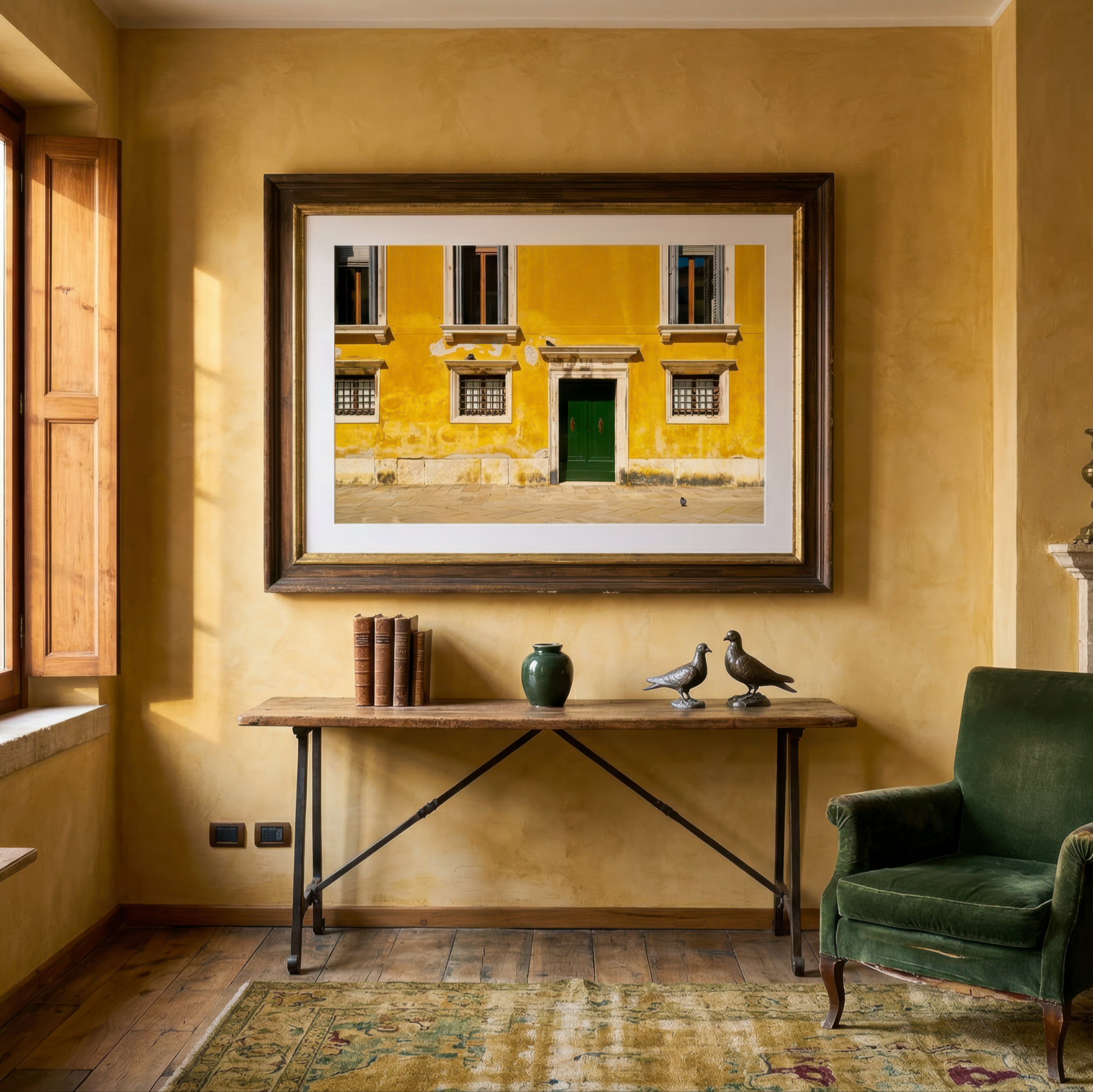 Living room with a yellow wall, framed photograph of a Venice doorway, table, books, and green armchair.