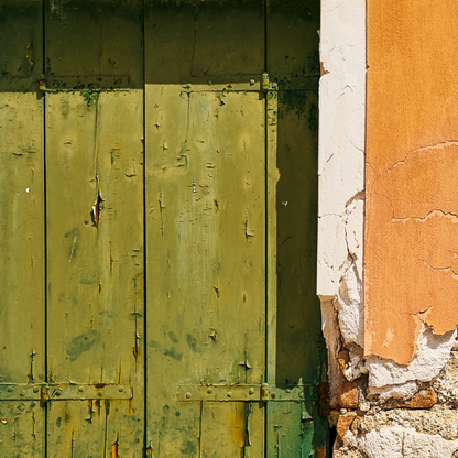 close up of green shuttered window against an orange wall