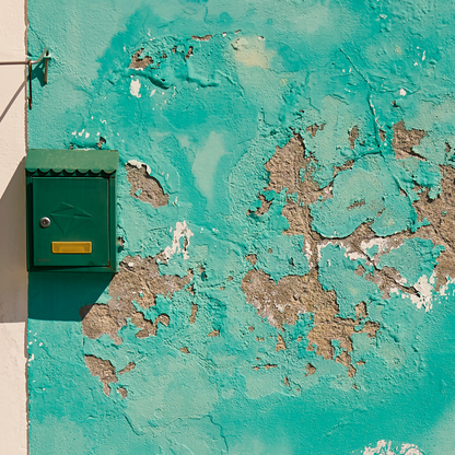 Green mailbox on a peeling turquoise wall