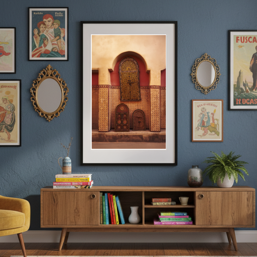 Living room with blue walls, yellow armchair, wooden cabinet, and various framed pictures.