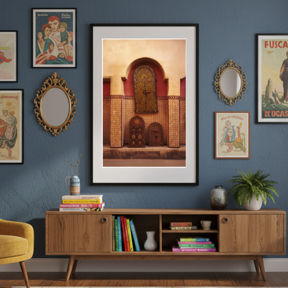 Living room with blue walls, yellow armchair, wooden cabinet, and various framed pictures.