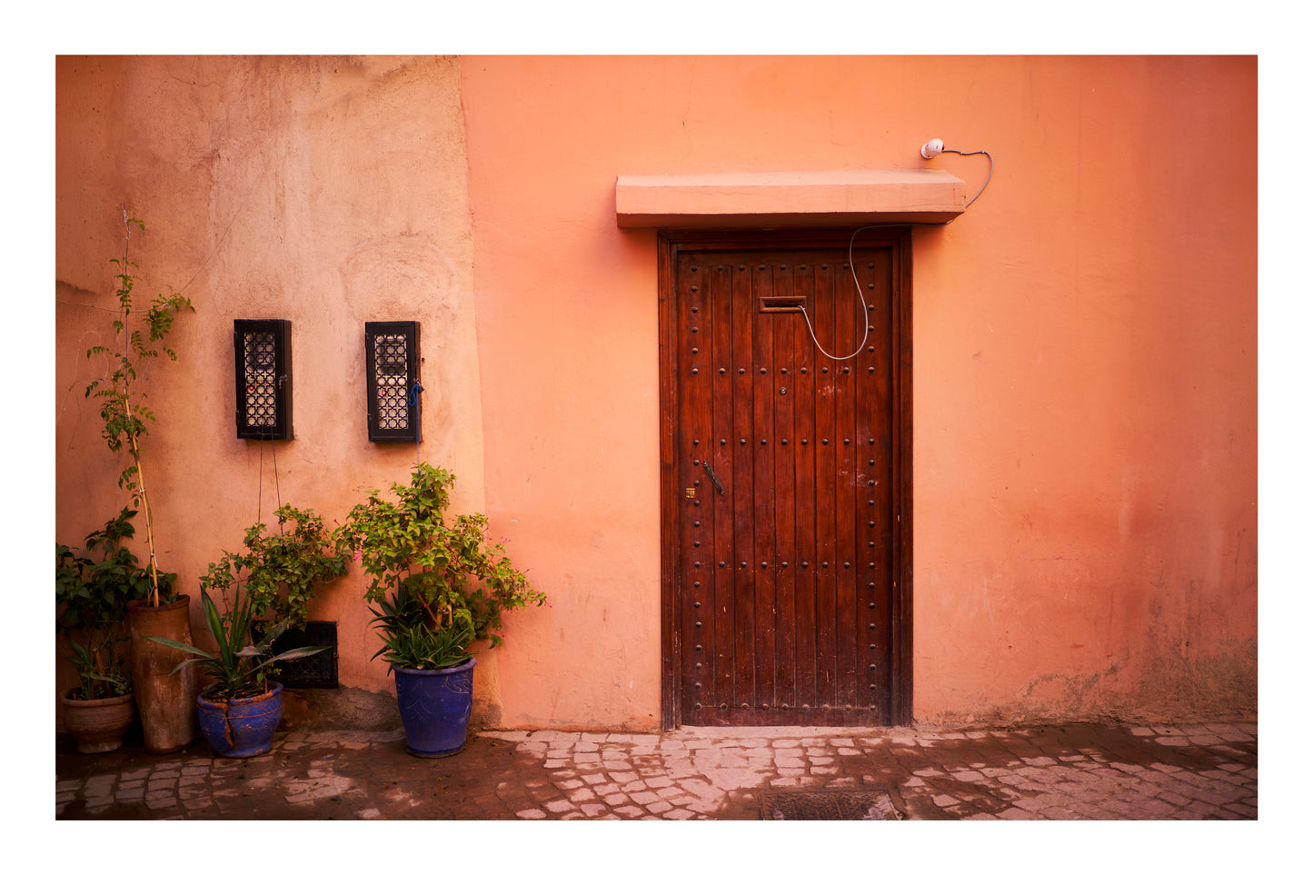 Traditional wooden door with decorative elements on a peach-colored wall, surrounded by potted plants in Marrakesh Morocco