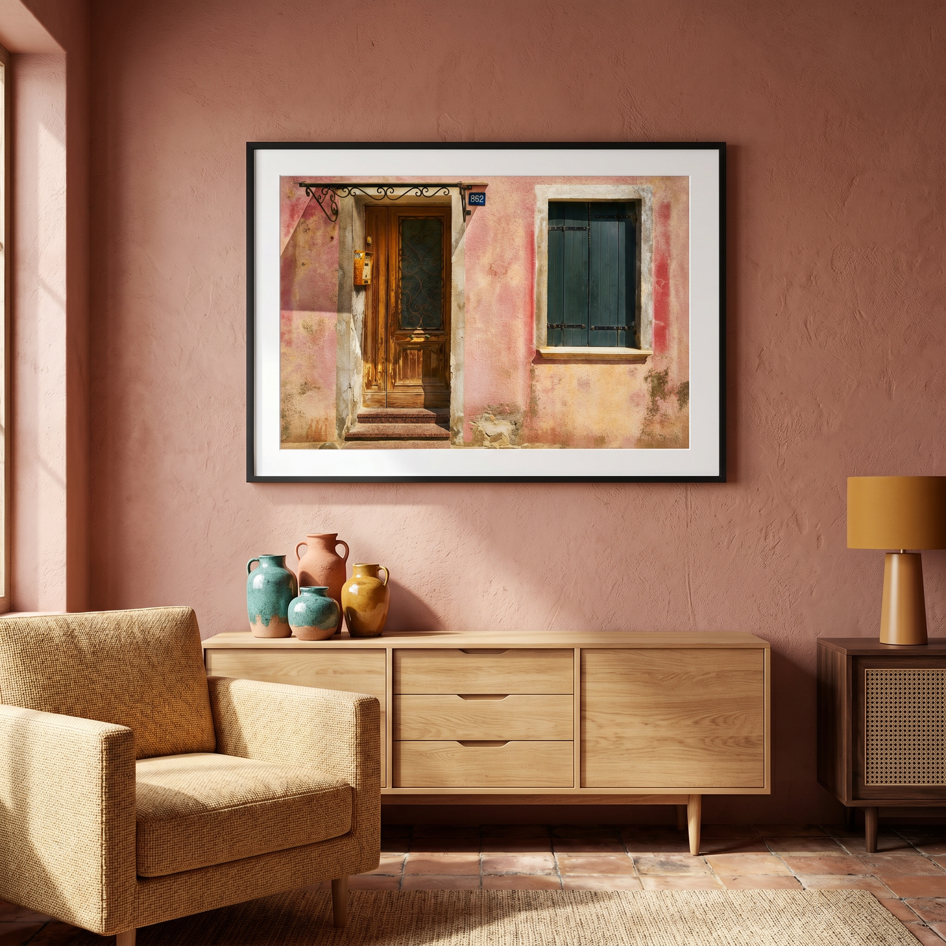 Framed artwork on a pink wall above a wooden sideboard with decorative vases.