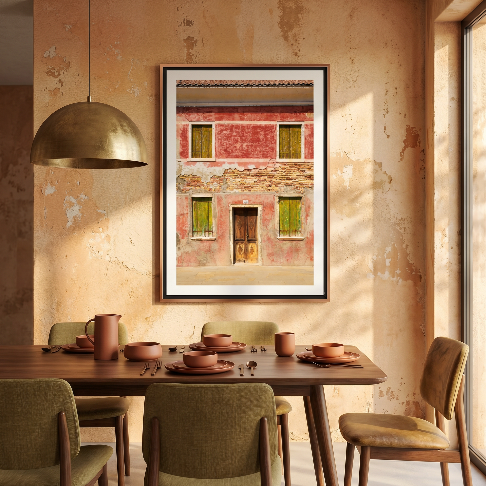 Dining room with a table set for four, framed artwork on the wall, and a textured wall.