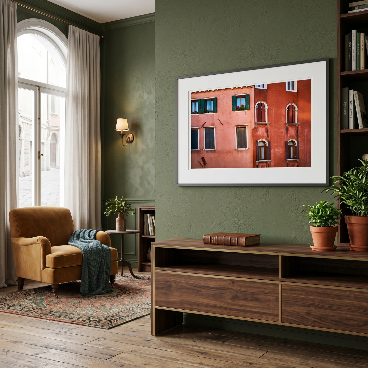 Living room with a framed picture of a building on the wall, a brown armchair, and a wooden cabinet.