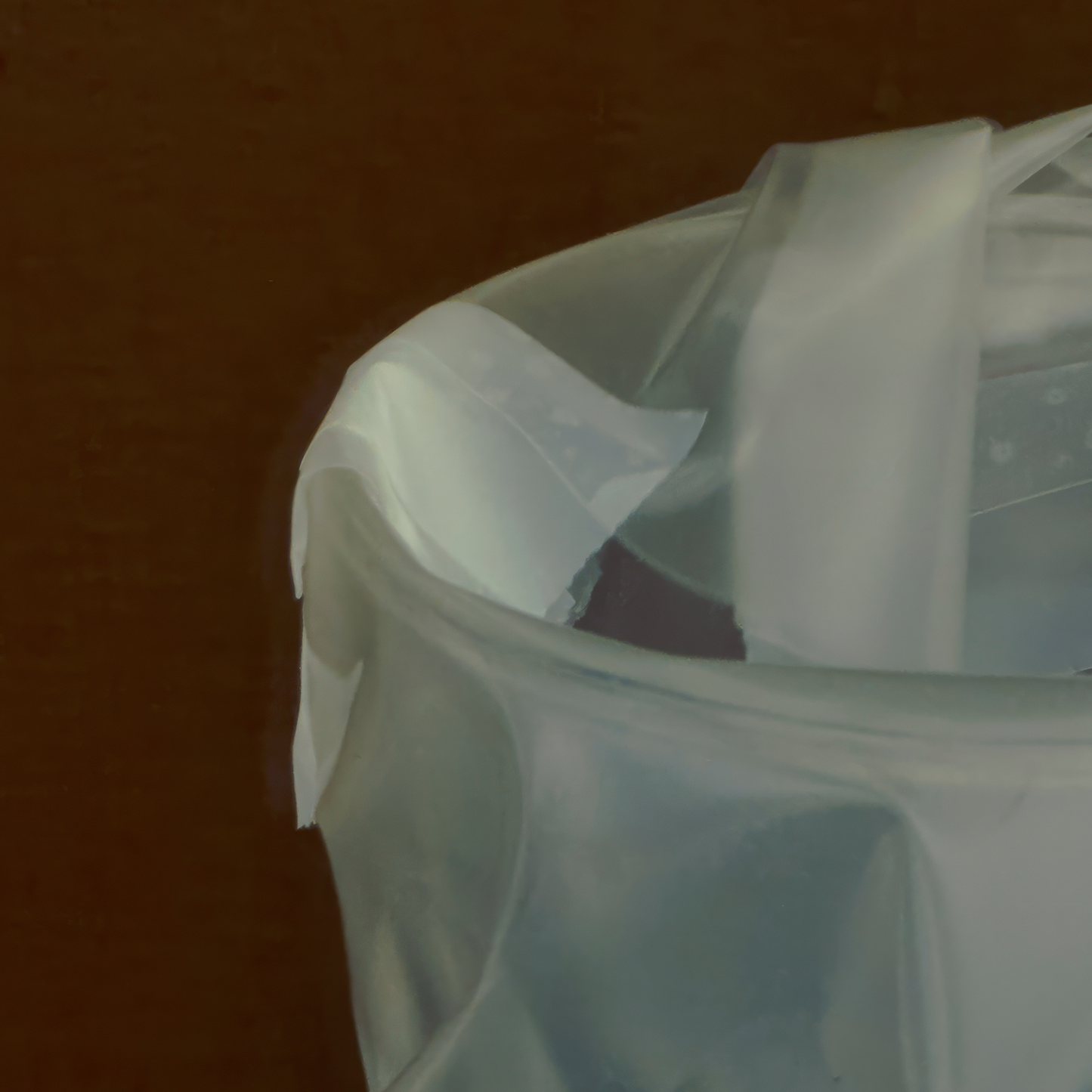 Close-up of a white plastic over some glasses on a brown surface