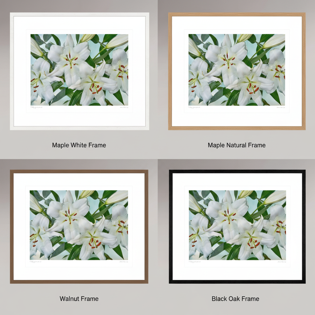 Four framing options for Floating Gardens Collector Edition prints — Maple White, Maple Natural, Walnut, and Black Oak Hamburg 20mm frames with white passe-partout