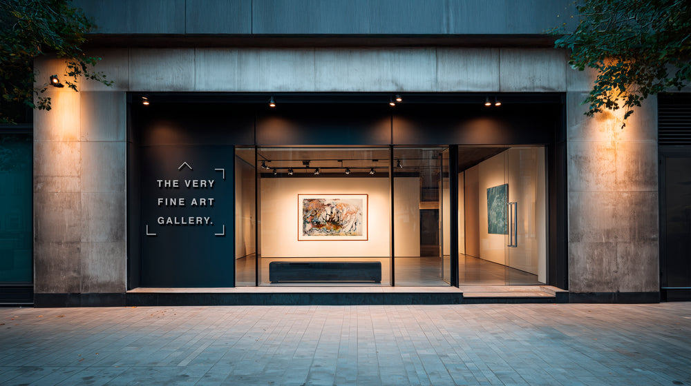 Modern art gallery entrance with illuminated sign and artworks inside.