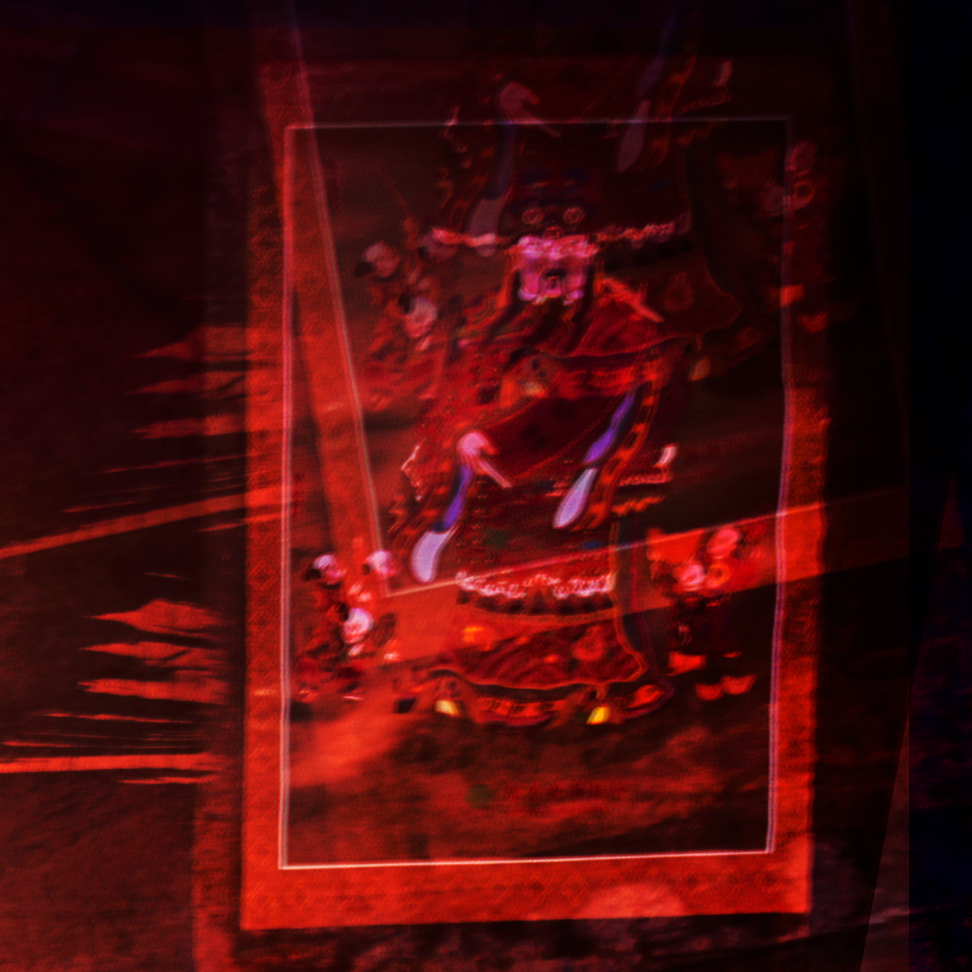 Detail of Made in Taiwan #01 showing overlapping film transparencies with red colour
