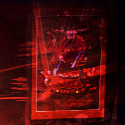 Detail of Made in Taiwan #01 showing overlapping film transparencies with red colour
