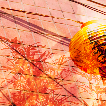 Yellow paper lantern on a brick surface with plant shadows