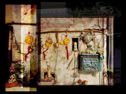 Decorative wall with various objects including candles, flowers, and a clock. Multiple exposure Taiwan