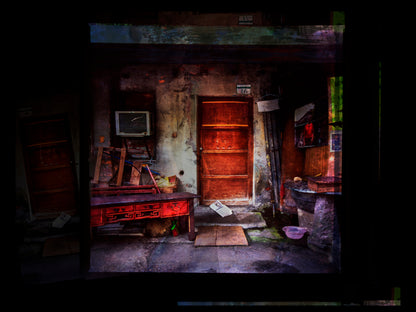 Multiple exposure of Dilapidated room with wooden furniture and peeling paint in Taiwan