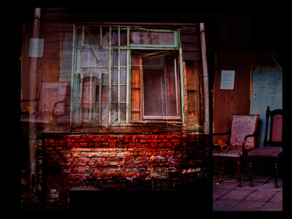 Multiple exposure of a dilapidated building with chairs and a colorful exterior in Taiwan