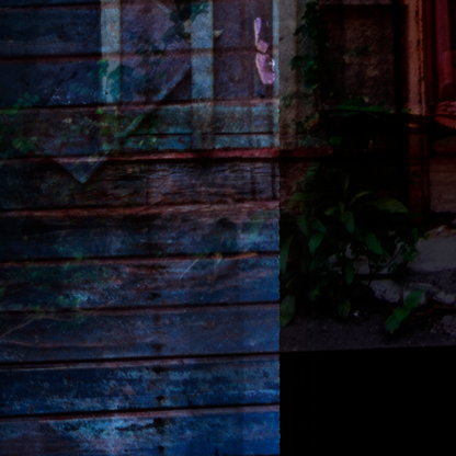 Detail of multiple exposure photograph of a textured wall with a plant in the corner