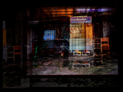 Multiple exposure of Dark, cluttered room with a table and chairs, featuring a projection of a colorful abstract design in Taiwan