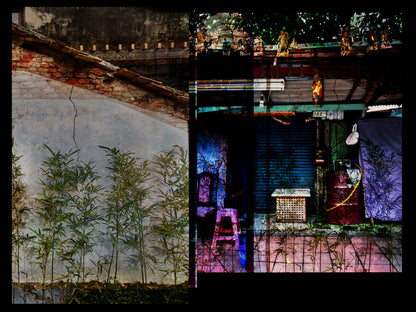Multiple exposure of a dilapidated building with plants and a colorful interior in Taiwan