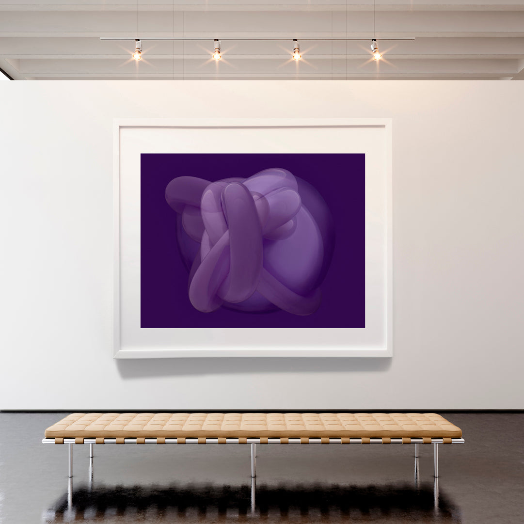 Framed abstract purple artwork on a white wall with a wooden bench below.