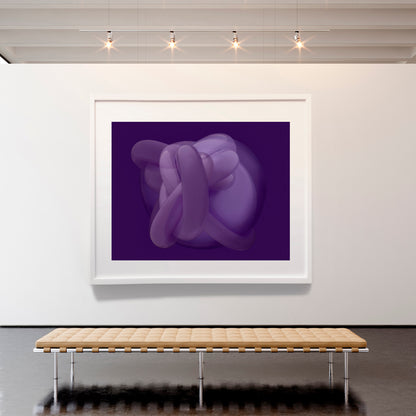 Framed abstract purple artwork on a white wall with a wooden bench below.