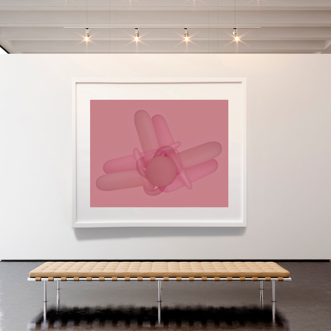 Framed pink abstract sculpture on a white wall with a wooden bench below.