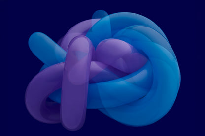 3D knot sculpture in blue and purple on a dark background