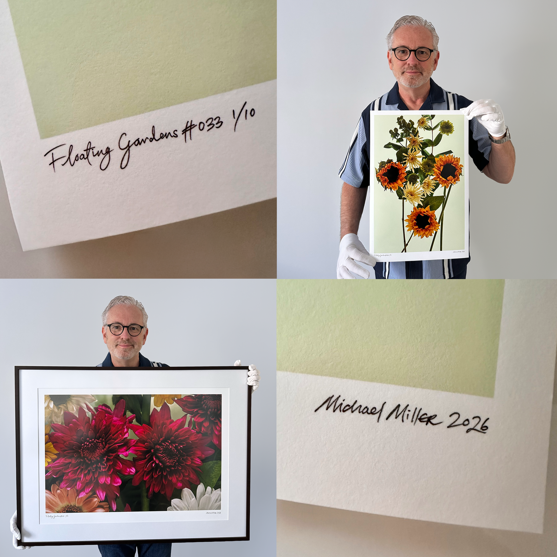 Artist holding two different size prints and close ups of signature