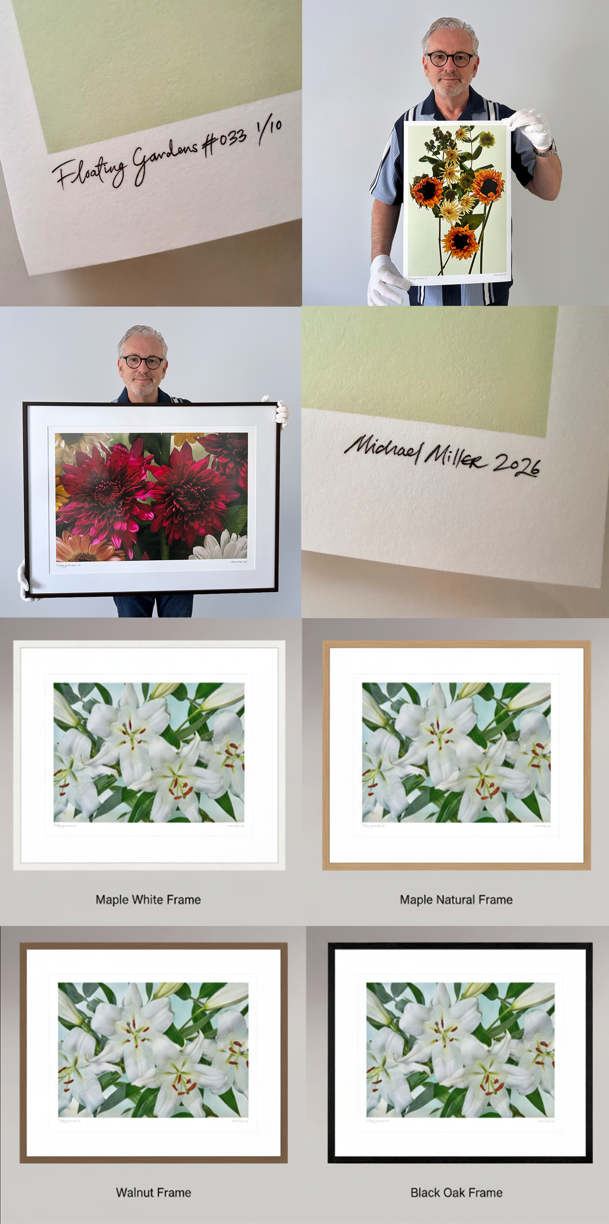 A collage showing a man holding and displaying framed floral art prints, with close-up panels of the artwork and different frame options labeled Maple White Frame, Maple Natural Frame, Wilfulh Frame, and Black Oak Frame.