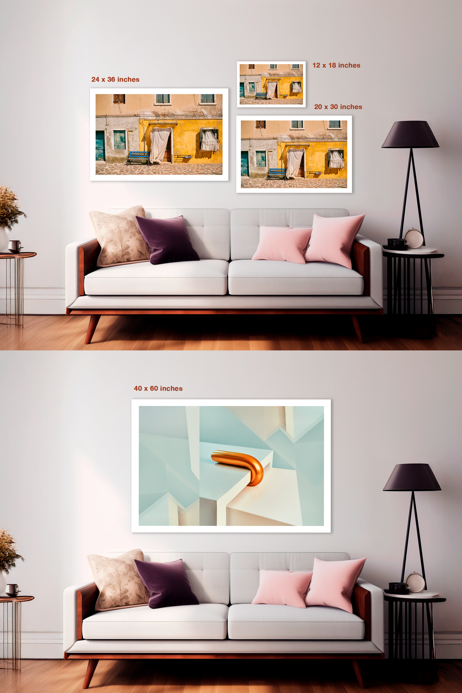 Living room with a gray sofa, decorative pillows, and wall art in different sizes.