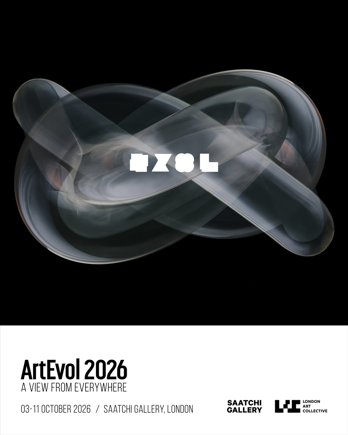 Promotional poster for ArtEvol 2026, featuring a large abstract translucent knot-like form on a black background, with white text reading 'ArtEvol 2026' and venue details for Saatchi Gallery, London.